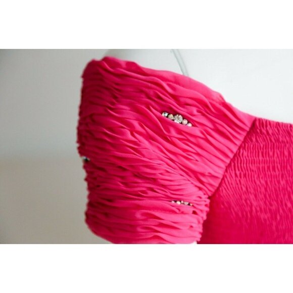 Vintage Pink Gathered Ruched Bodice Off The Shoulder Chiffon Gown w rhinestones - Picture 10 of 12